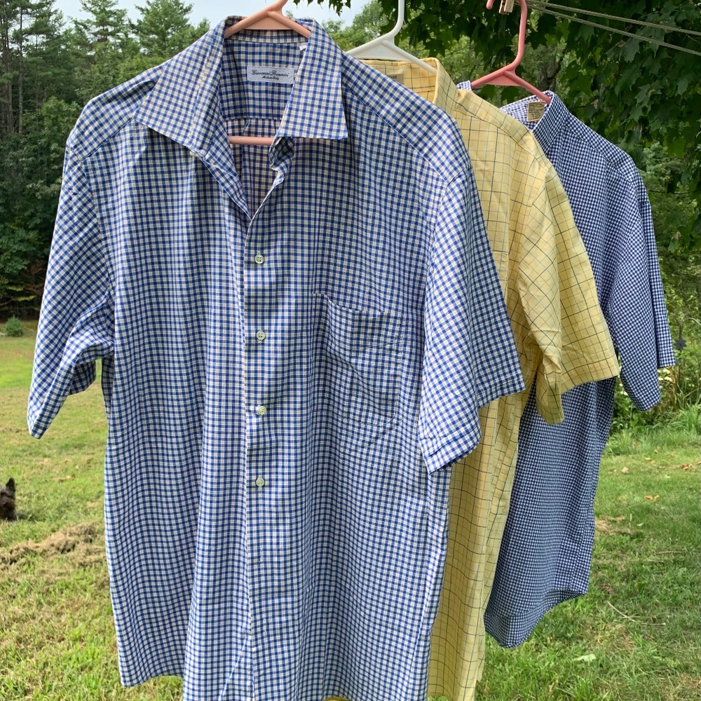 3 Quality Men Shirts L Short Sleeves LLBean Rosmini Blue Yellow Preppy Business